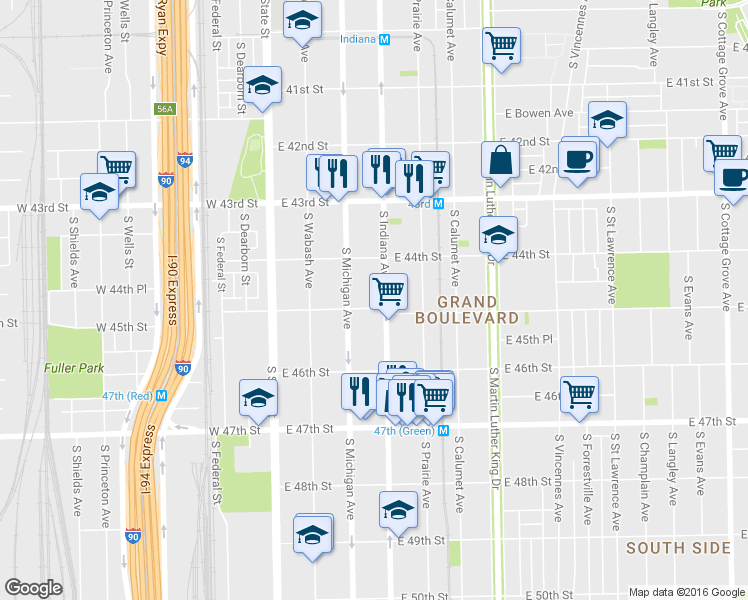 map of restaurants, bars, coffee shops, grocery stores, and more near 4419 South Michigan Avenue in Chicago