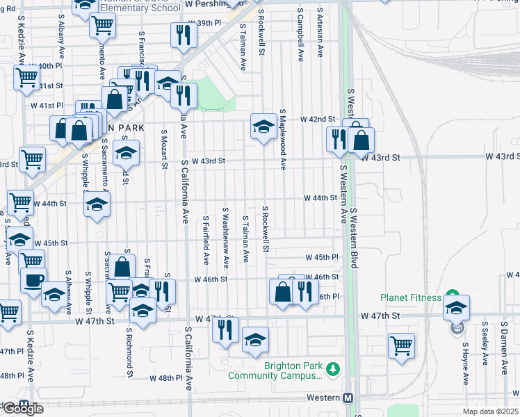 map of restaurants, bars, coffee shops, grocery stores, and more near 4356 South Rockwell Street in Chicago