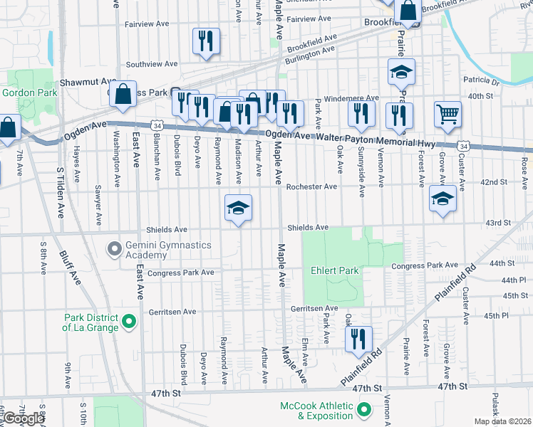 map of restaurants, bars, coffee shops, grocery stores, and more near 4215 Arthur Avenue in Brookfield