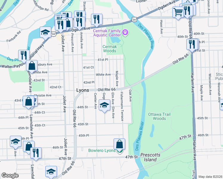 map of restaurants, bars, coffee shops, grocery stores, and more near 4236 Elm Avenue in Lyons