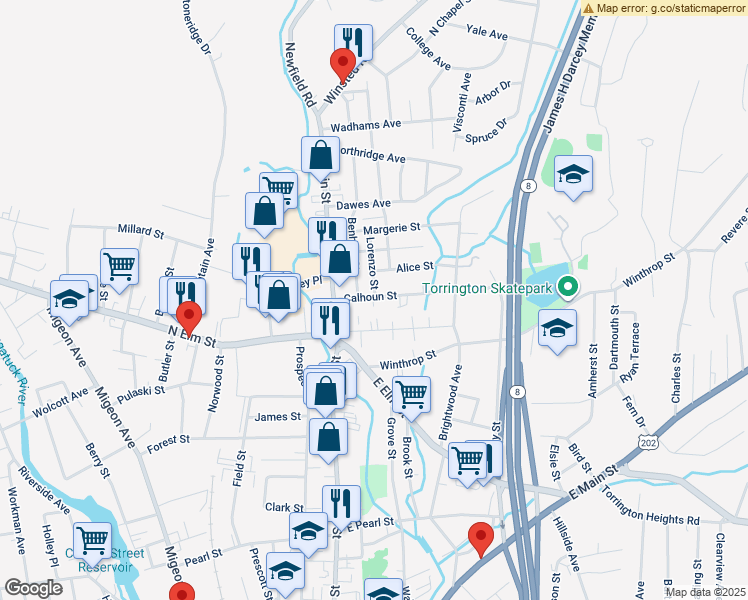 map of restaurants, bars, coffee shops, grocery stores, and more near 58 Calhoun Street in Torrington