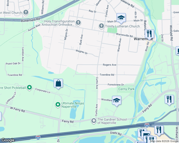 map of restaurants, bars, coffee shops, grocery stores, and more near 28W705 Rogers Avenue in Warrenville