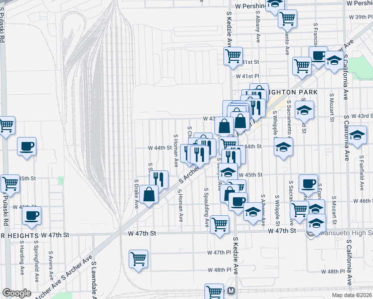 map of restaurants, bars, coffee shops, grocery stores, and more near 4348 South Christiana Avenue in Chicago