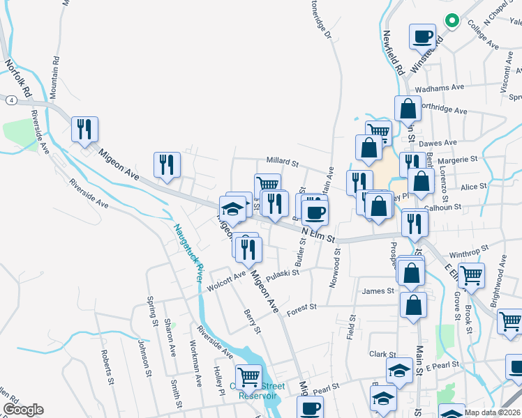 map of restaurants, bars, coffee shops, grocery stores, and more near 16 Pine Street in Torrington
