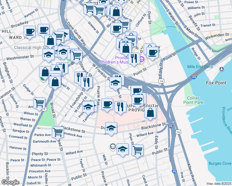 map of restaurants, bars, coffee shops, grocery stores, and more near 26 Emmett Street in Providence