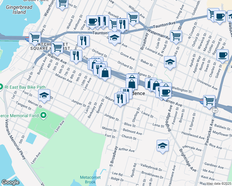 map of restaurants, bars, coffee shops, grocery stores, and more near 21 Fraser Street in East Providence