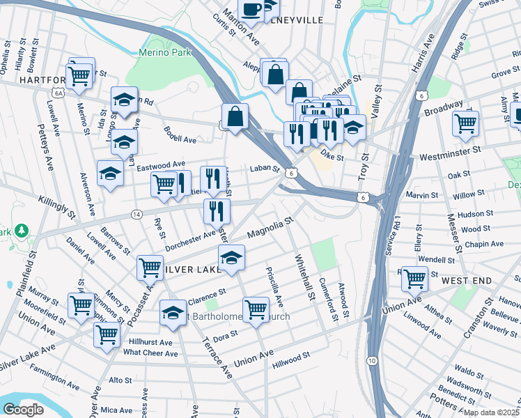 map of restaurants, bars, coffee shops, grocery stores, and more near in Providence