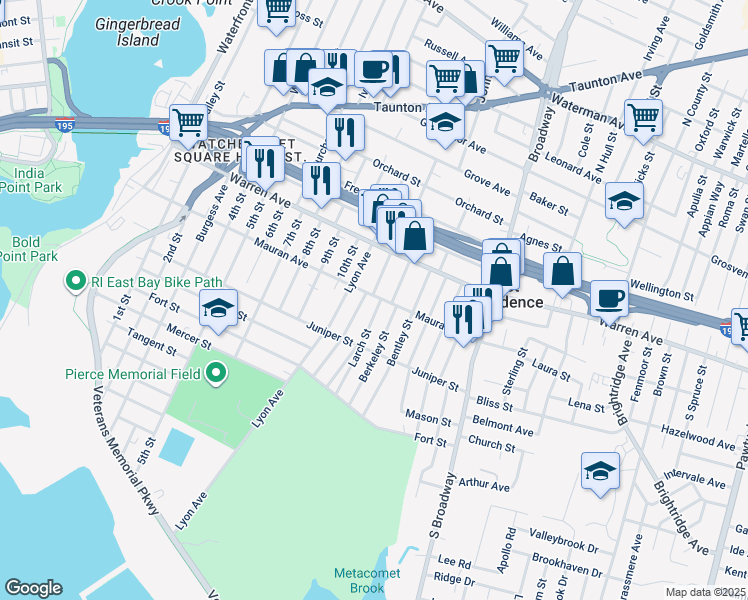 map of restaurants, bars, coffee shops, grocery stores, and more near 276 Mauran Avenue in East Providence