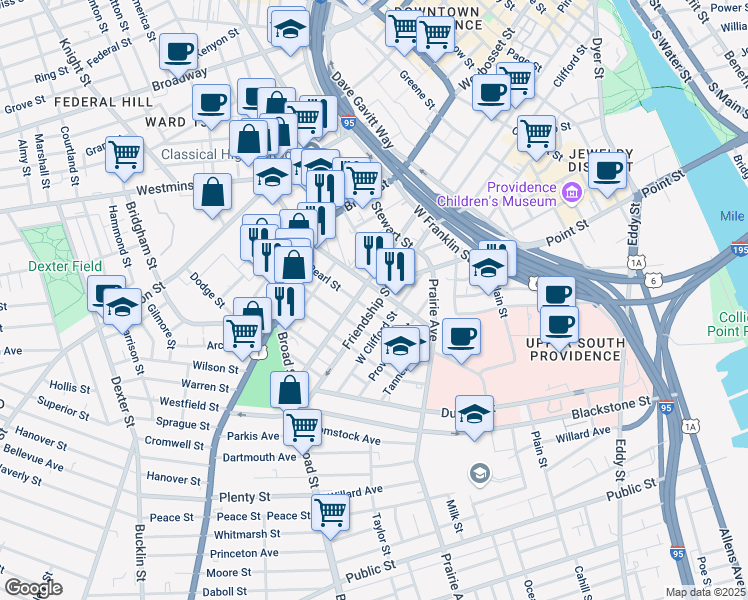 map of restaurants, bars, coffee shops, grocery stores, and more near 422 Pine Street in Providence