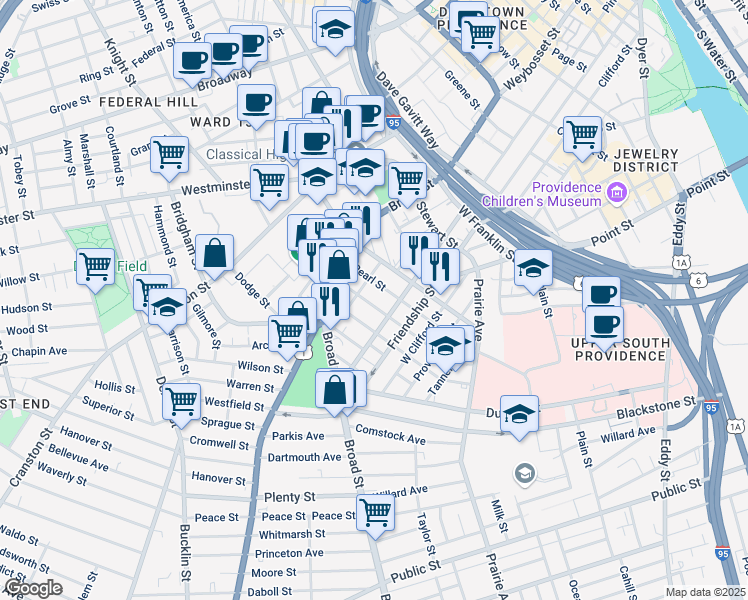 map of restaurants, bars, coffee shops, grocery stores, and more near 236 Pearl Street in Providence