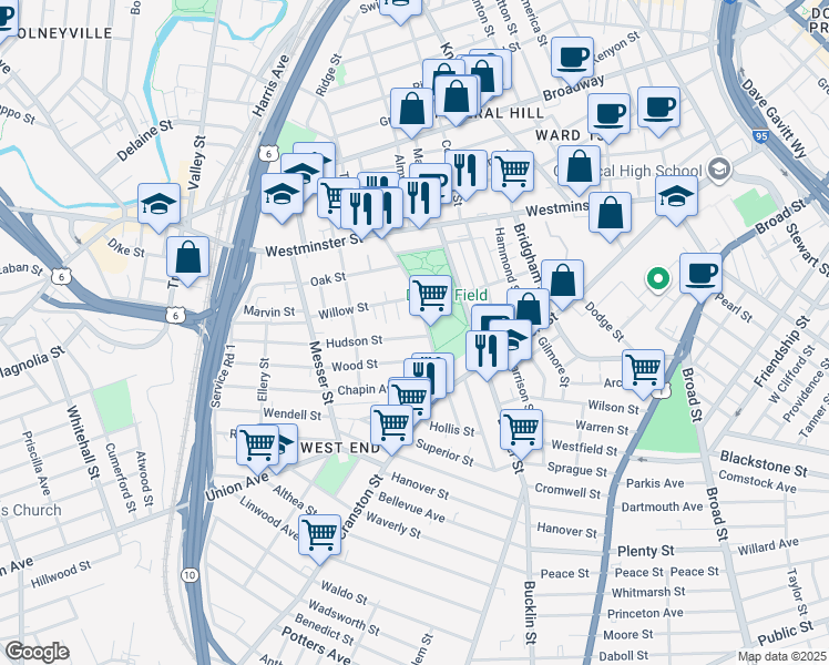 map of restaurants, bars, coffee shops, grocery stores, and more near 19 Bianco Court in Providence