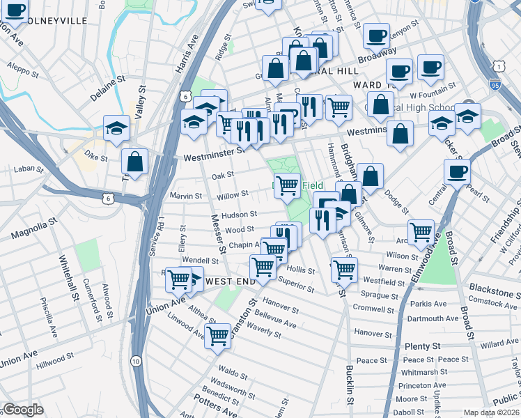 map of restaurants, bars, coffee shops, grocery stores, and more near 19 Bianco Court in Providence