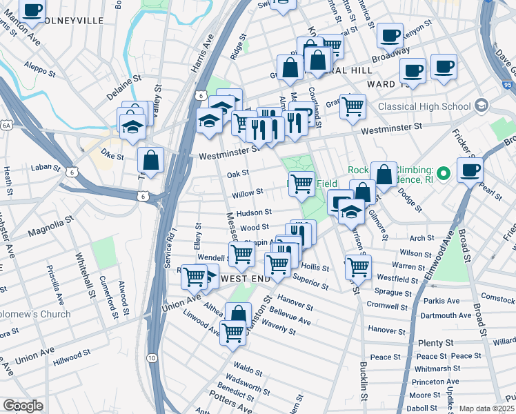 map of restaurants, bars, coffee shops, grocery stores, and more near 64 Sycamore Street in Providence