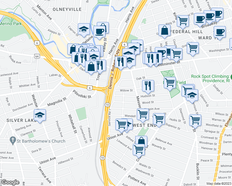 map of restaurants, bars, coffee shops, grocery stores, and more near 157 Willow Street in Providence