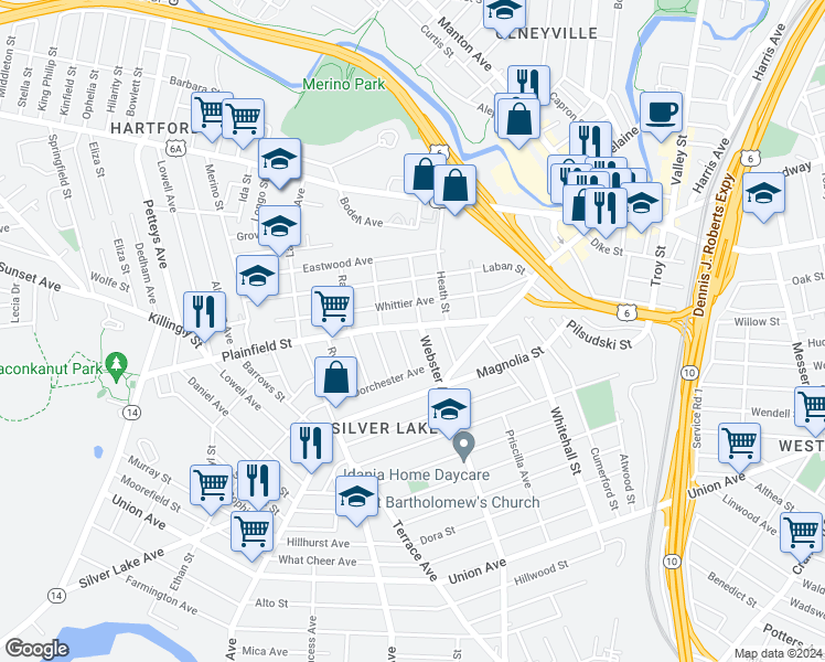 map of restaurants, bars, coffee shops, grocery stores, and more near 91 Webster Avenue in Providence