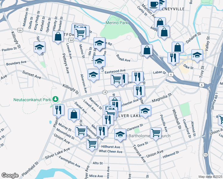 map of restaurants, bars, coffee shops, grocery stores, and more near 178 Whittier Avenue in Providence