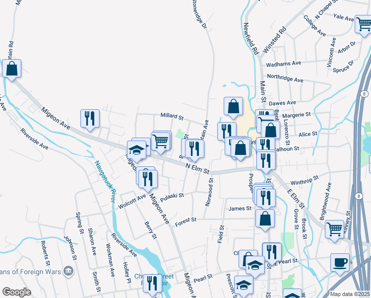 map of restaurants, bars, coffee shops, grocery stores, and more near 72 Bannon Street in Torrington