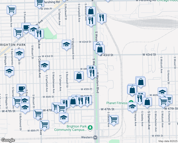 map of restaurants, bars, coffee shops, grocery stores, and more near 4359 South Artesian Avenue in Chicago