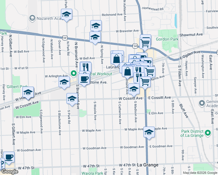 map of restaurants, bars, coffee shops, grocery stores, and more near 25 South Kensington Avenue in La Grange
