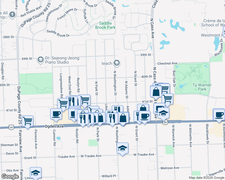 map of restaurants, bars, coffee shops, grocery stores, and more near 4011 Liberty Boulevard in Westmont