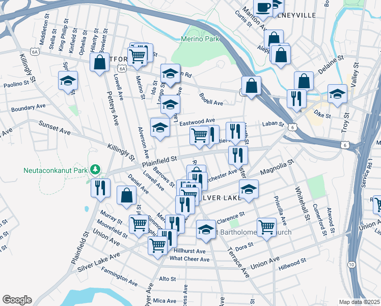map of restaurants, bars, coffee shops, grocery stores, and more near 485 Plainfield Street in Providence