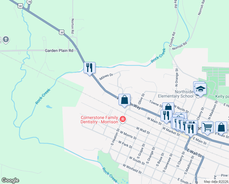 map of restaurants, bars, coffee shops, grocery stores, and more near 628 West Lincoln Way in Morrison