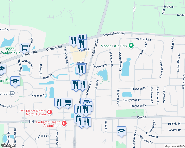 map of restaurants, bars, coffee shops, grocery stores, and more near 405 Magnolia Drive in North Aurora
