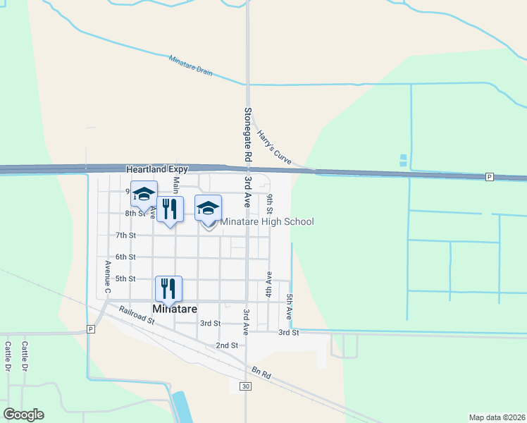 map of restaurants, bars, coffee shops, grocery stores, and more near 712 3rd Avenue in Minatare