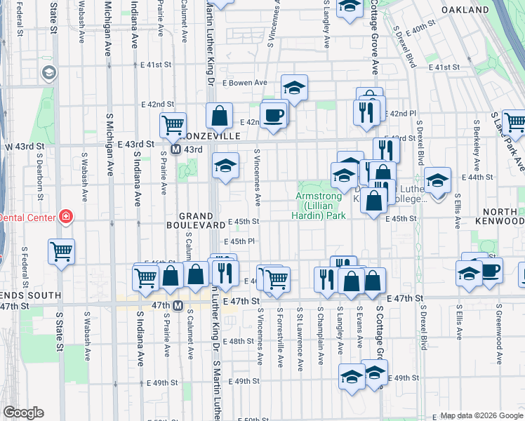 map of restaurants, bars, coffee shops, grocery stores, and more near 4423 South Vincennes Avenue in Chicago