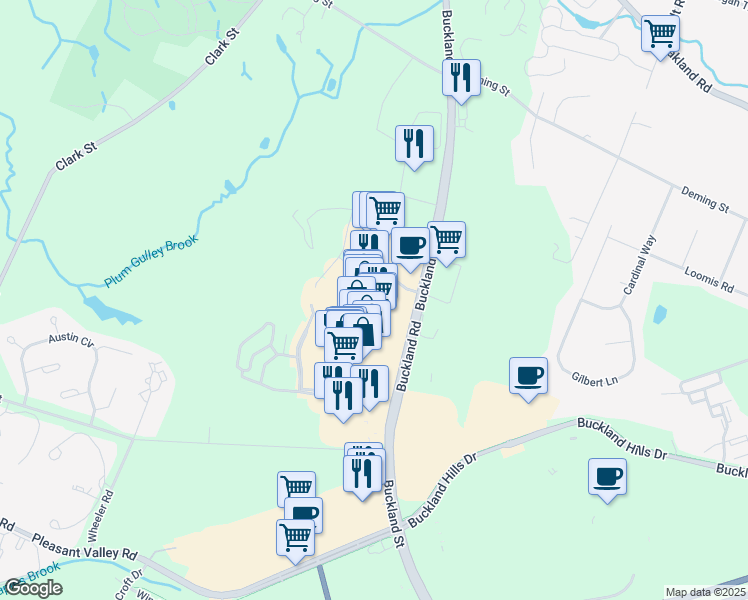 map of restaurants, bars, coffee shops, grocery stores, and more near 601 Evergreen Way in South Windsor