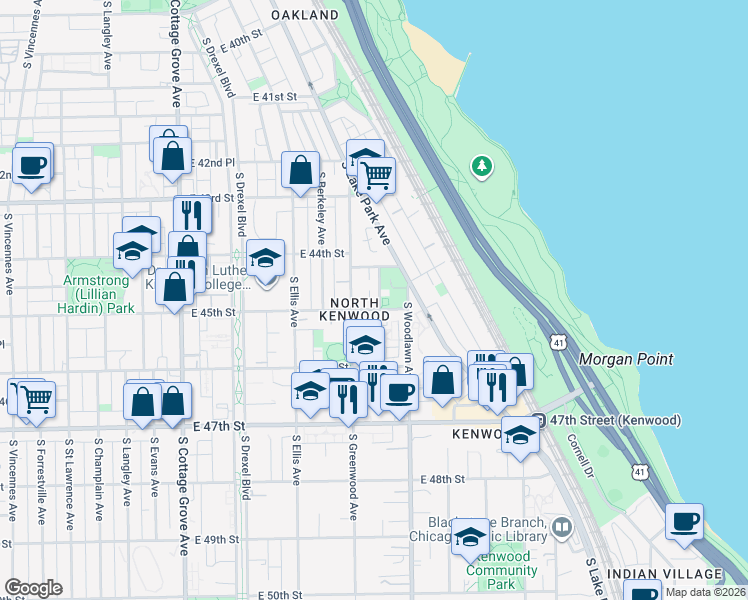 map of restaurants, bars, coffee shops, grocery stores, and more near 4452 South University Avenue in Chicago