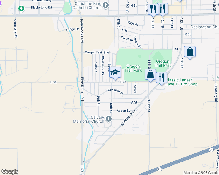 map of restaurants, bars, coffee shops, grocery stores, and more near 1825 D Street in Gering