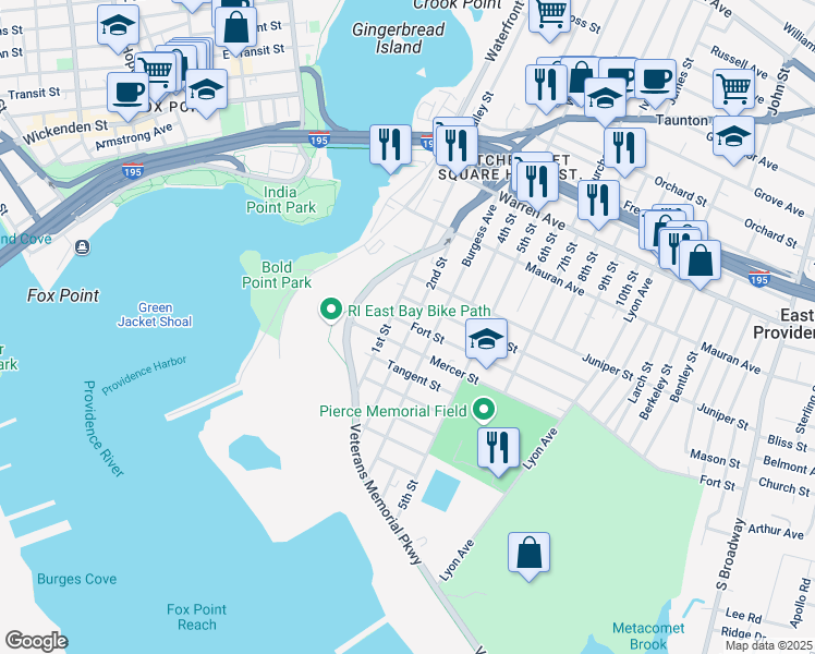 map of restaurants, bars, coffee shops, grocery stores, and more near 111 2nd Street in East Providence