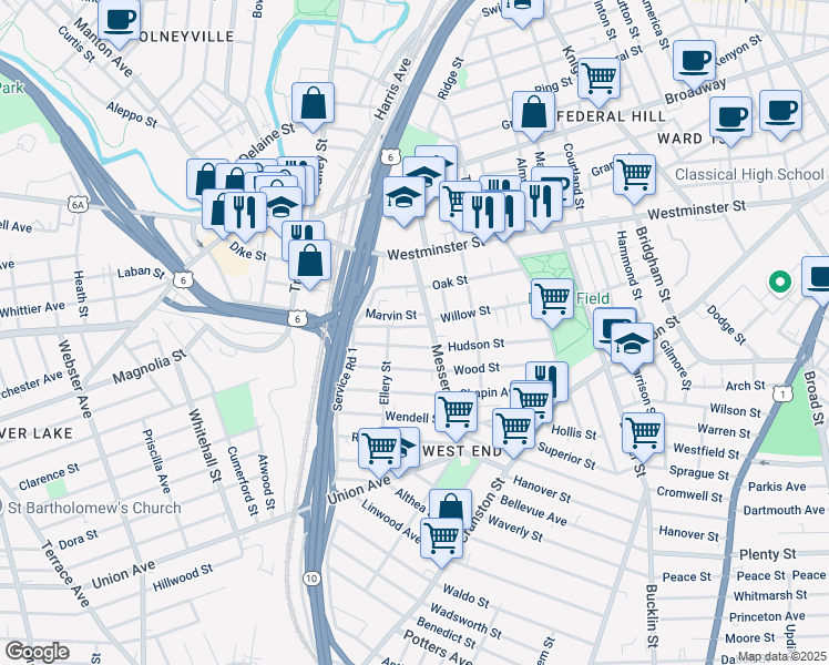 map of restaurants, bars, coffee shops, grocery stores, and more near 10 Marvin Street in Providence