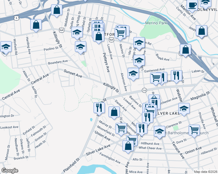 map of restaurants, bars, coffee shops, grocery stores, and more near 45 Petteys Avenue in Providence