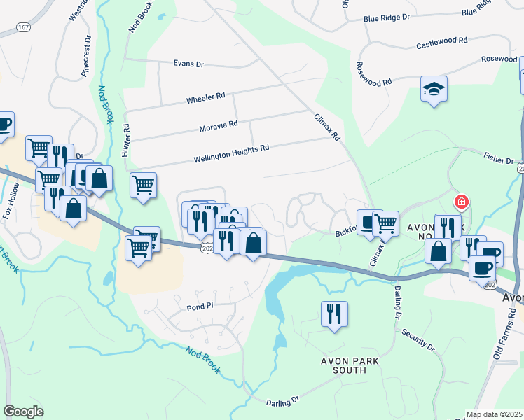 map of restaurants, bars, coffee shops, grocery stores, and more near 156 West Main Street in Avon