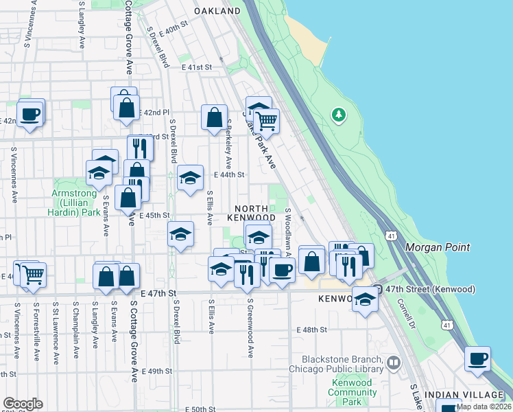 map of restaurants, bars, coffee shops, grocery stores, and more near 4434 South University Avenue in Chicago