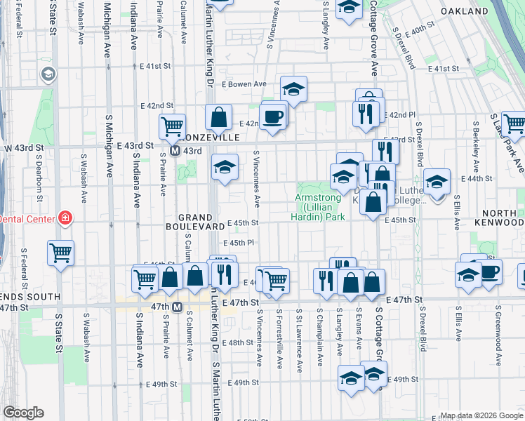 map of restaurants, bars, coffee shops, grocery stores, and more near 4423 South Vincennes Avenue in Chicago