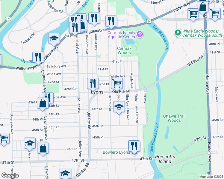 map of restaurants, bars, coffee shops, grocery stores, and more near 4237 Center Avenue in Lyons