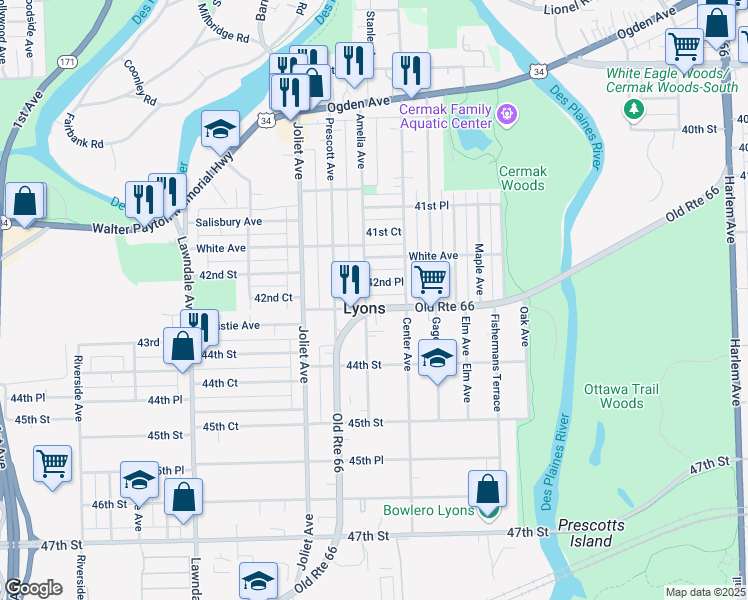 map of restaurants, bars, coffee shops, grocery stores, and more near in Lyons