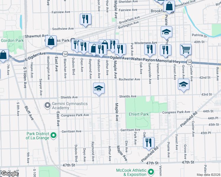 map of restaurants, bars, coffee shops, grocery stores, and more near 4215 Arthur Avenue in Brookfield