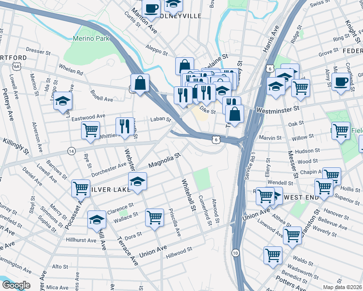 map of restaurants, bars, coffee shops, grocery stores, and more near 18 Huldah Street in Providence