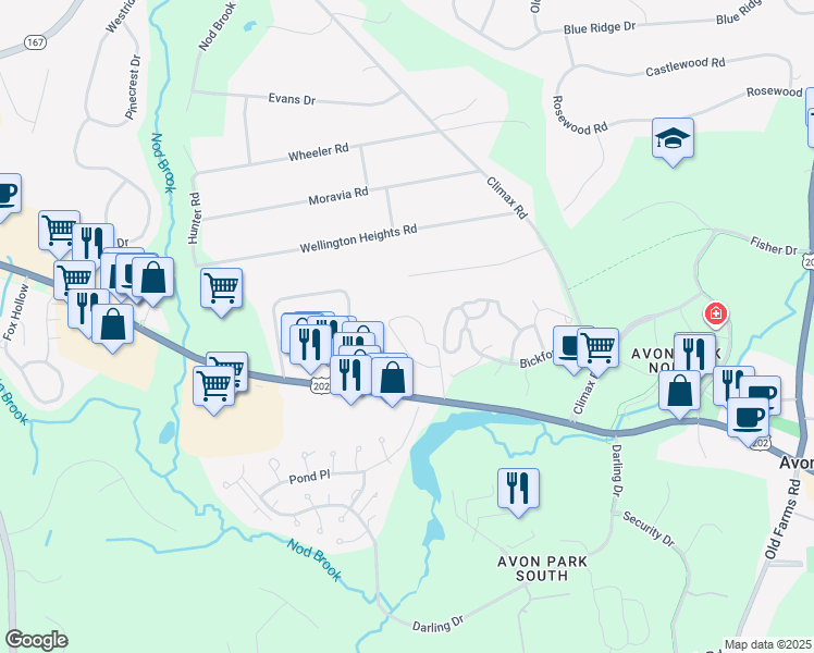 map of restaurants, bars, coffee shops, grocery stores, and more near 156 West Main Street in Avon