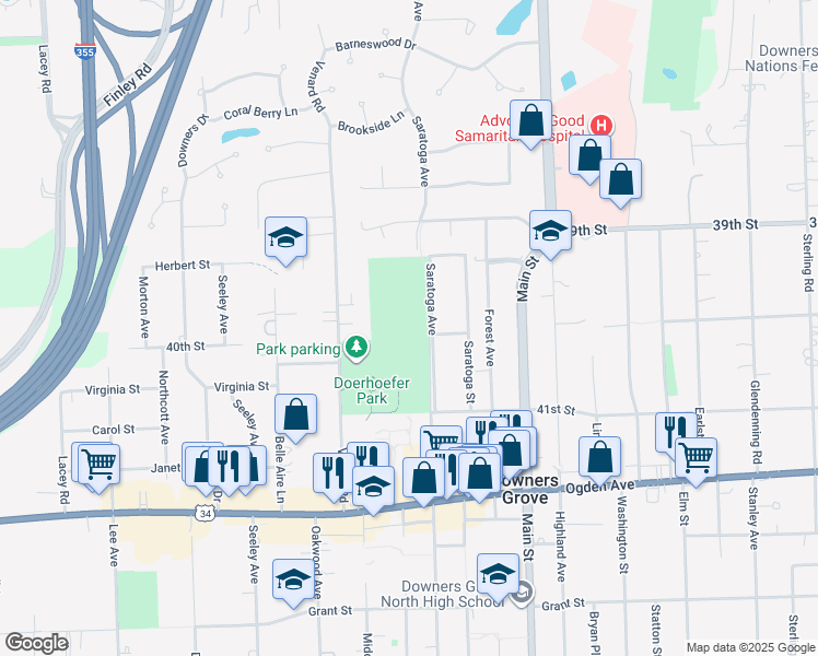 map of restaurants, bars, coffee shops, grocery stores, and more near 4000 Saratoga Avenue in Downers Grove