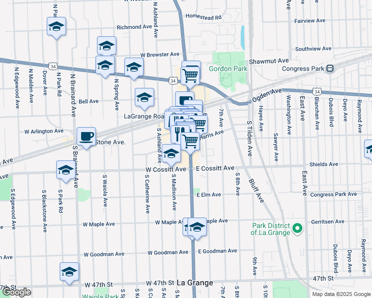 map of restaurants, bars, coffee shops, grocery stores, and more near 52 U.S. 45 in La Grange