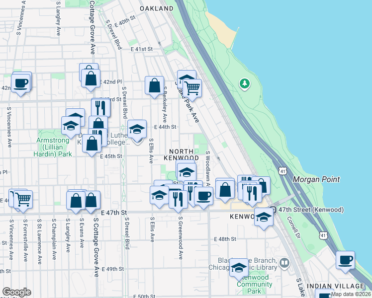 map of restaurants, bars, coffee shops, grocery stores, and more near 4451-59 South Greenwood Avenue in Chicago