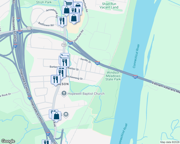 map of restaurants, bars, coffee shops, grocery stores, and more near East Barber Street in Windsor