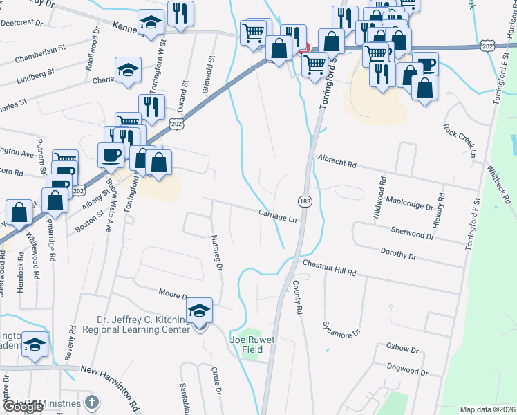 map of restaurants, bars, coffee shops, grocery stores, and more near 92 Carriage Lane in Torrington