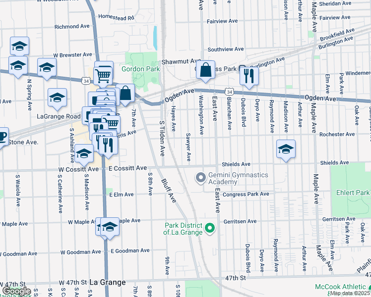 map of restaurants, bars, coffee shops, grocery stores, and more near 212 Sawyer Avenue in La Grange
