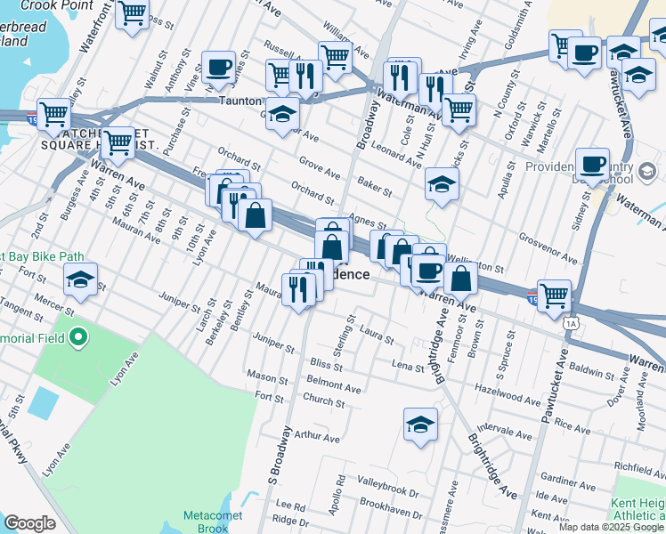 map of restaurants, bars, coffee shops, grocery stores, and more near in East Providence